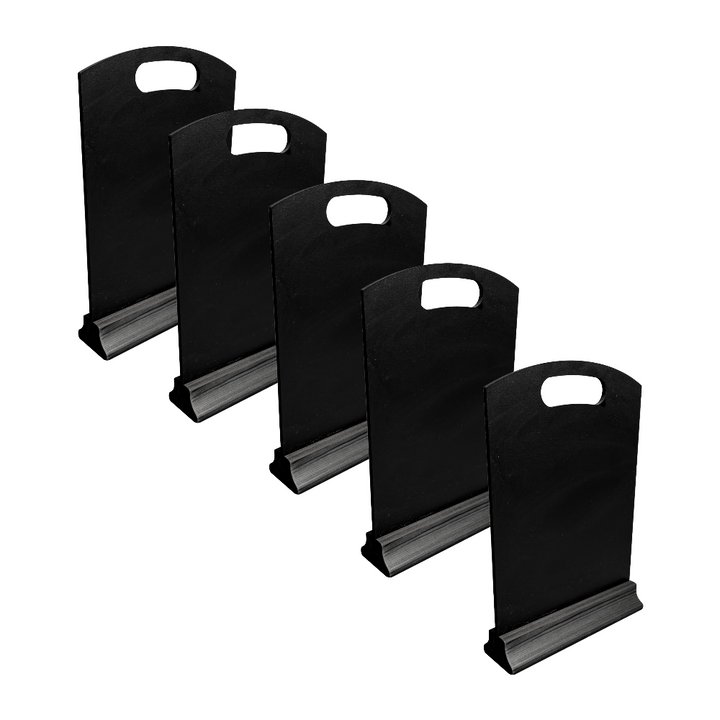 Pack of 5 black countertop chalkboards with a sturdy wooden base, perfect for menus, prices, and promotional messages.
