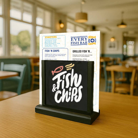 Pack of 5 Black Wooden Countertop Menu Holders with Chalkboard Panel