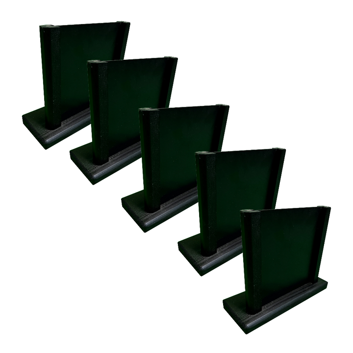 A set of five black wooden countertop menu holders, each featuring a chalkboard panel, perfect for displaying menus, specials, or promotions in cafés, restaurants, or events.