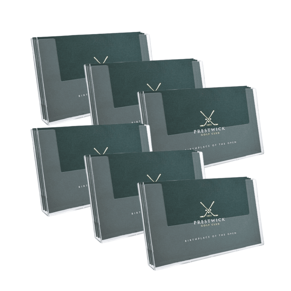 Pack of 6 A4 landscape brochure holders designed for wall mounting.
