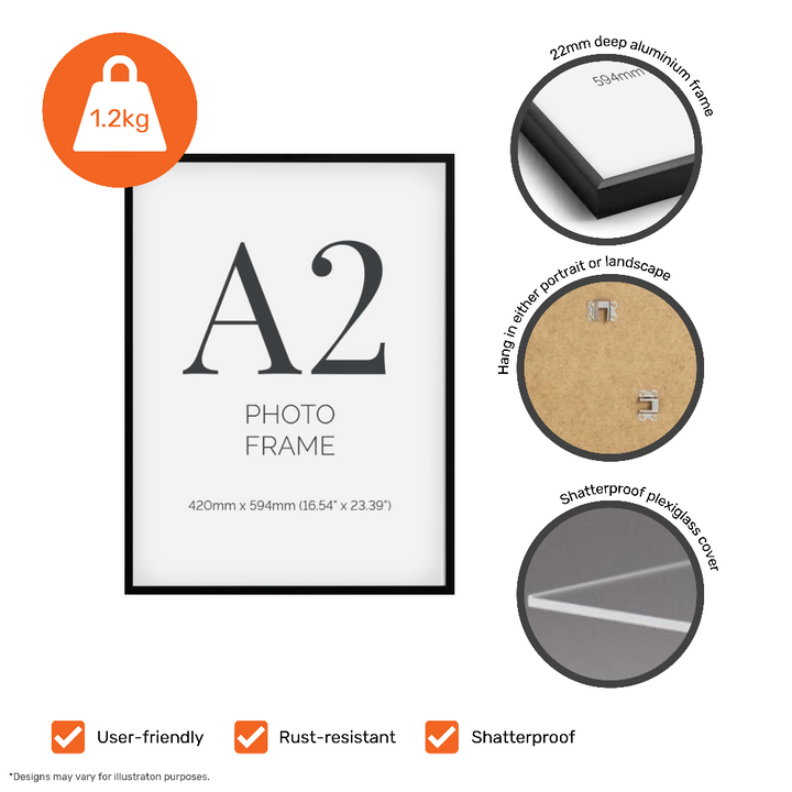 Set of 8 A2 poster frames – black aluminium with shatter-resistant plexiglass for horizontal or vertical use