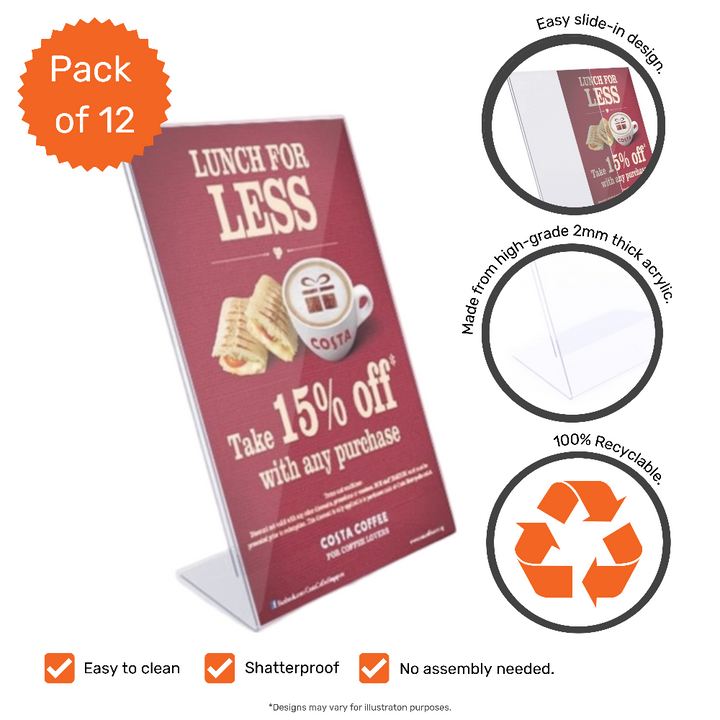 A5 portrait brochure holders – angled acrylic stands in a set of 12 for trade shows or lobbies