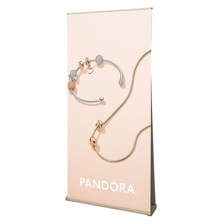 Front-facing Pandora roller banner against a white background, highlighting retail graphics design and clean professional finish.