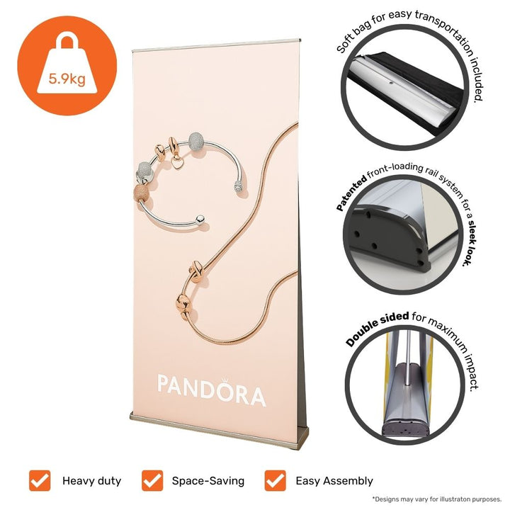 Pandora display roller banner with feature highlights including soft bag, front-loading rail, double-sided graphics, and tool-free setup.