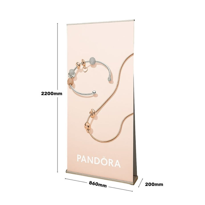 Pandora branded double-sided roller banner with clear dimensions, measuring 2200mm tall and 860mm wide, ideal for retail signage planning.