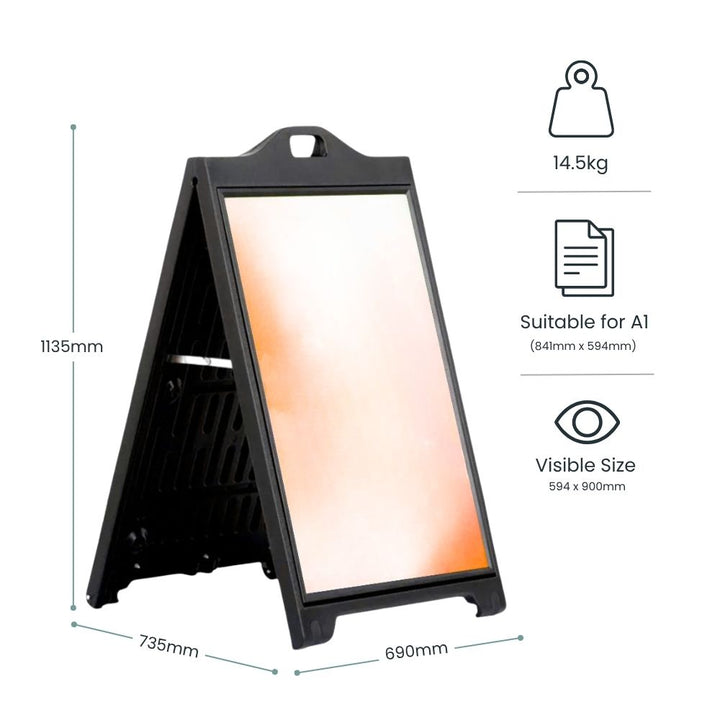 Size chart marking 1135mm height, 690mm width and 735mm depth, a 14.5kg weight, A1 poster fit and a 594 x 900mm visible area.
