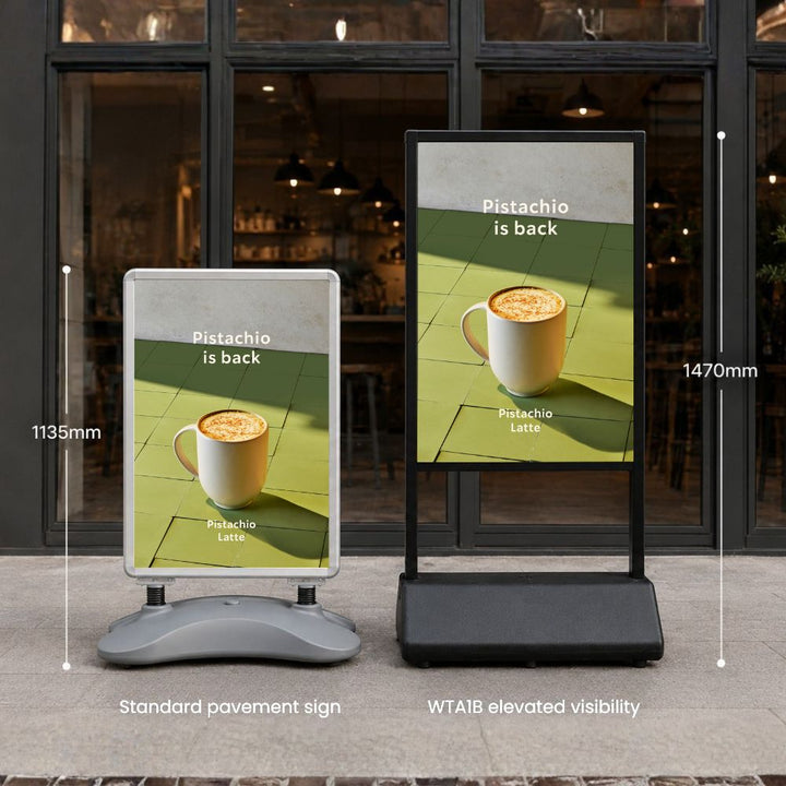 Comparison outside a café: a 1135mm standard pavement sign beside the 1470mm model, both carrying the same poster, showing the elevated visibility gain.
