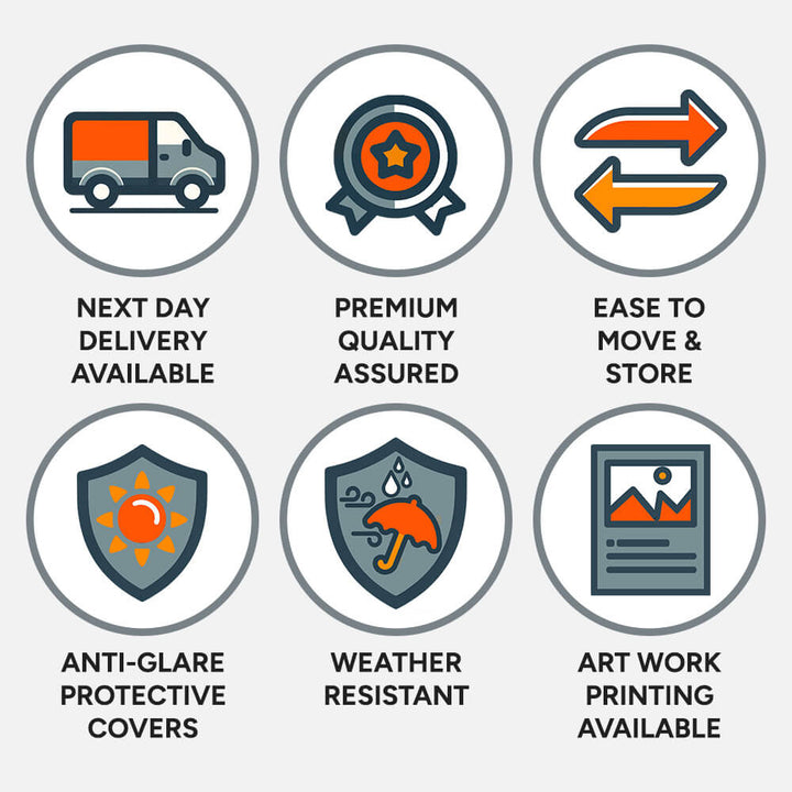 Six icons covering next day delivery available, premium quality assured, ease to move and store, anti-glare protective covers, weather resistant construction and artwork printing available.
