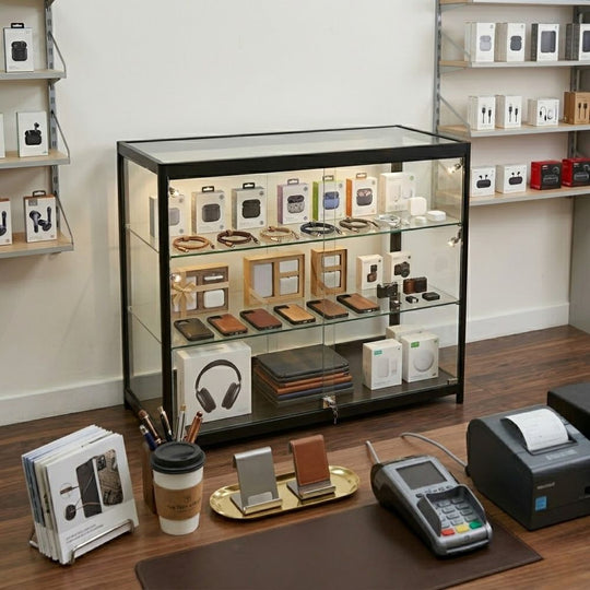 Black Aluminium Glass Counter Display Cabinet with 8 LED Spotlights & Lockable Sliding Doors - 1000 x 500mm