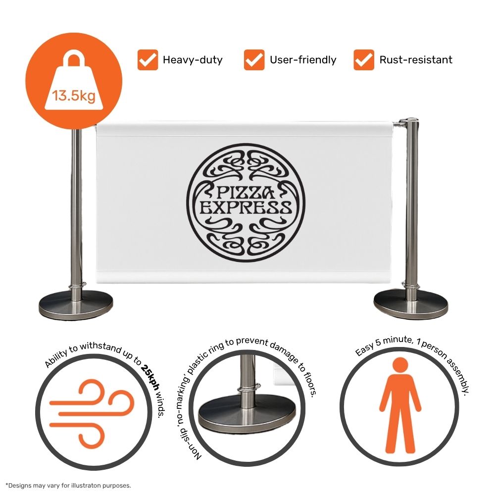 Pizza Express café barrier with 13.5kg weighted base, wind resistance up to 25kph, non-marking ring, and easy one-person assembly—heavy-duty and user-friendly for outdoor use.

