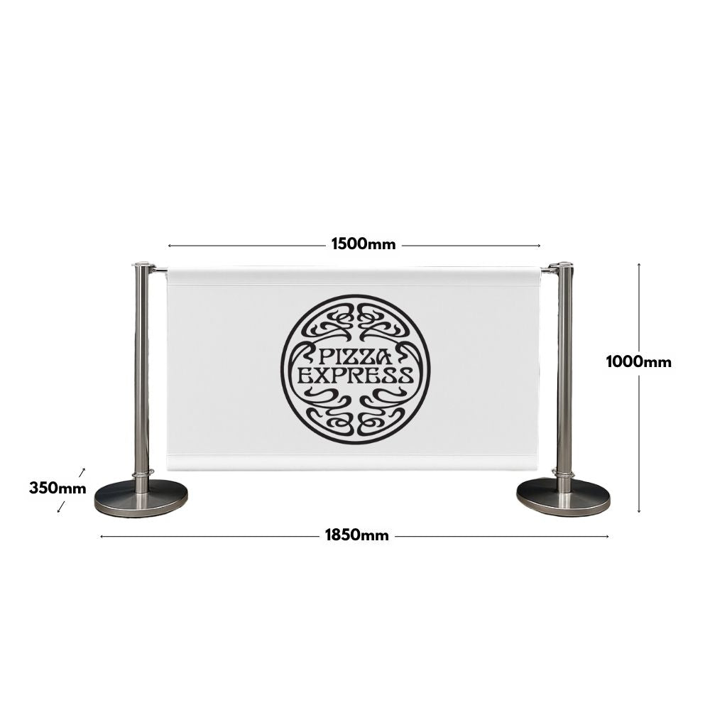 Café barrier system with Pizza Express branding showing full dimensions: 1850mm width, 1000mm height, and 1500mm banner span—ideal for clear outdoor space marking.

