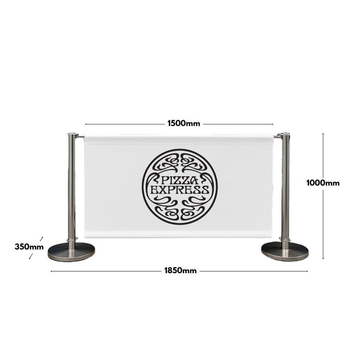 Café barrier system with Pizza Express branding showing full dimensions: 1850mm width, 1000mm height, and 1500mm banner span—ideal for clear outdoor space marking.

