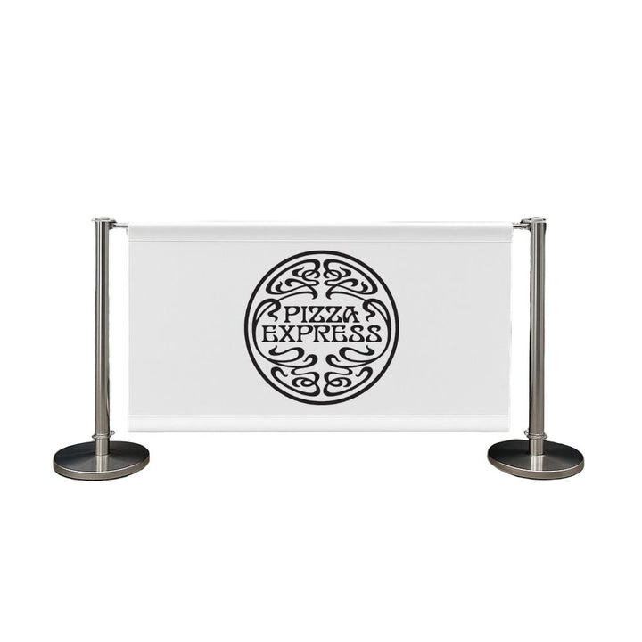 Studio image of branded café barrier featuring a white canvas banner with Pizza Express logo and chrome barrier posts—suitable for restaurants, cafés, and retail spaces.


