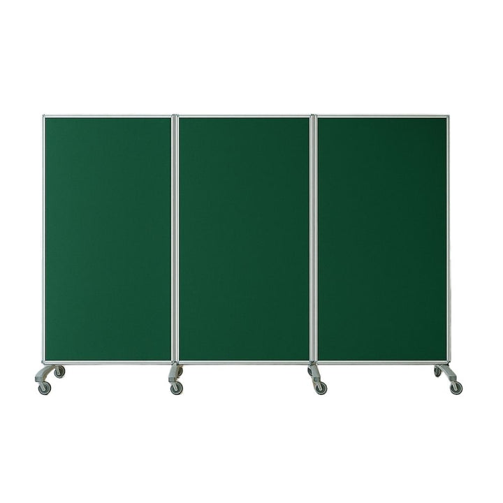 Three-panel mobile room divider with rich green felt surfaces and a silver aluminium frame, designed for flexible use in office or classroom settings.