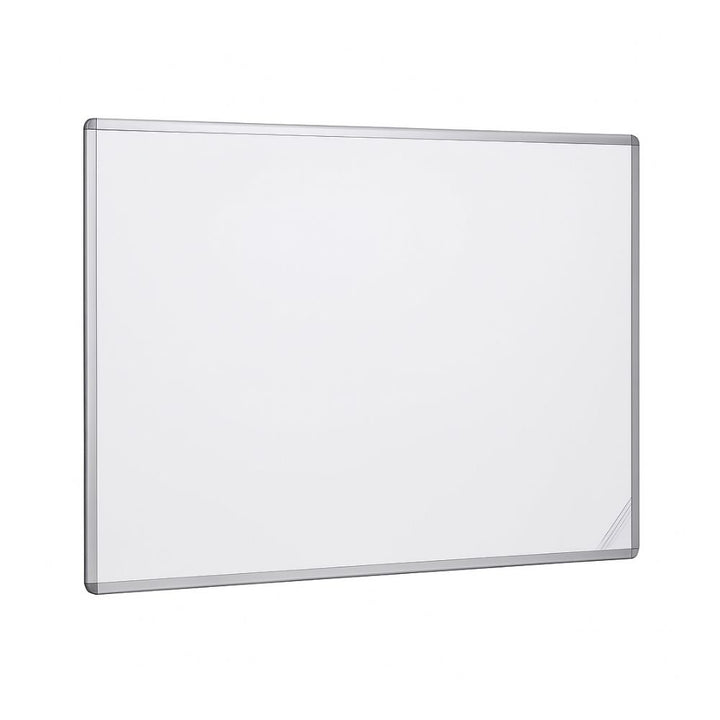 A plain white non-magnetic whiteboard with a silver aluminium frame shown against a white background, featuring a clear surface and minimal design for product display.

