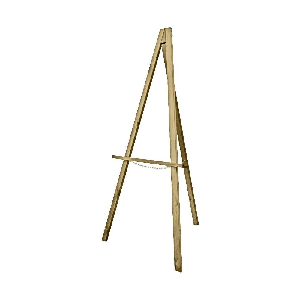Simple wooden tripod easel with support shelf and chain, isolated against a white background for clear product presentation.

