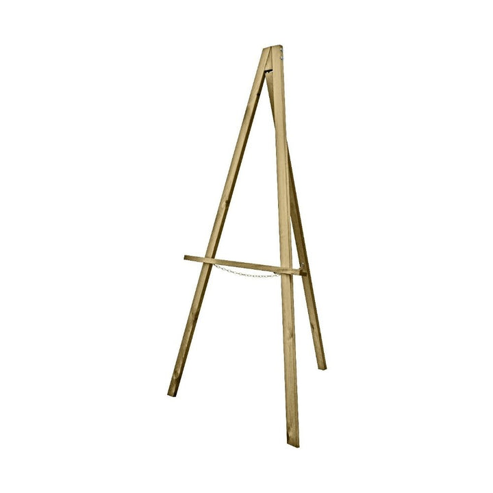 Simple wooden tripod easel with support shelf and chain, isolated against a white background for clear product presentation.

