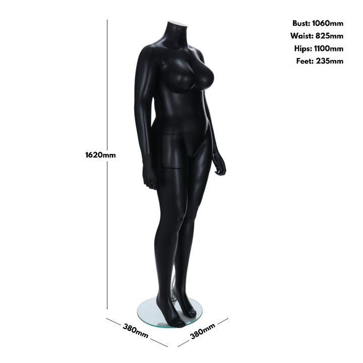 Matt black plus-size female mannequin 1620mm high, bust 1060mm, waist 825mm, hips 1100mm, on a 380mm base, weighing 10.6kg.
