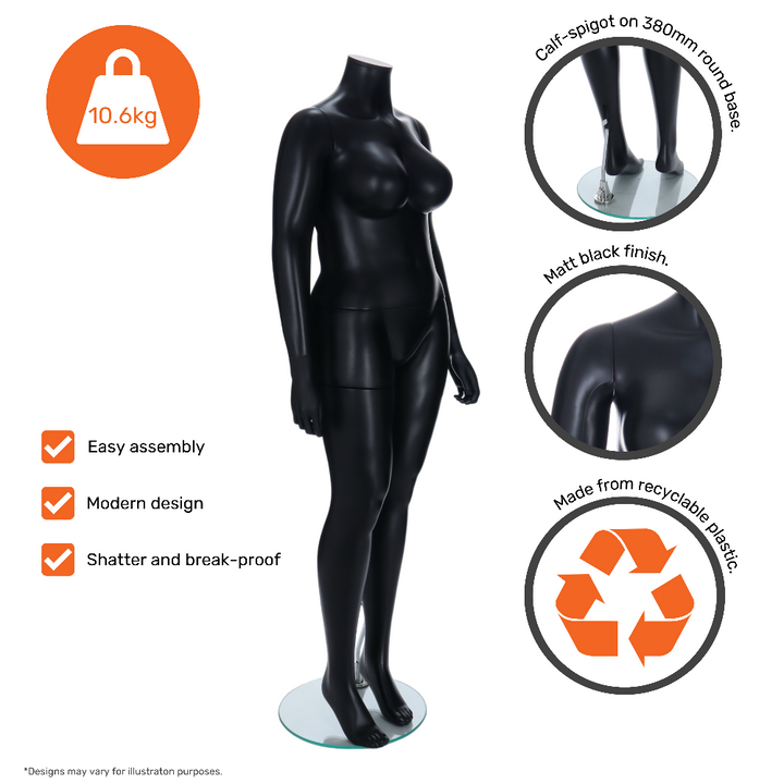 Matt black plus-size female mannequin with calf-spigot 380mm glass base, recyclable and shatter-proof, easily assembled for sizes 16 to 18 retail displays.
