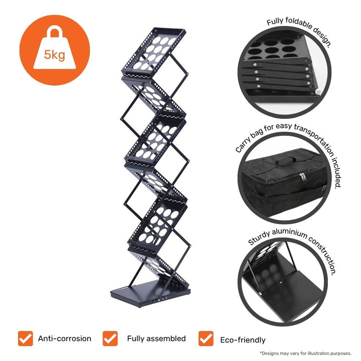 A portable A4 black floor-standing aluminium zig-zag brochure stand with multiple perforated metal display shelves, holding newspapers and magazines. The stand is lightweight, weighing 5kg, and features a fully foldable design for compact storage. The image includes close-ups of a sturdy aluminium construction, a black carry bag for easy transportation, and the foldable mechanism. Additional icons highlight benefits such as anti-corrosion properties, fully assembled delivery, and eco-friendliness.