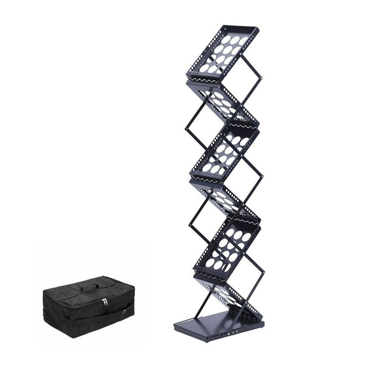 Portable black aluminium floor-standing zig-zag brochure stand, A4 size, 275mm wide x 1240mm high, includes a convenient carry bag.