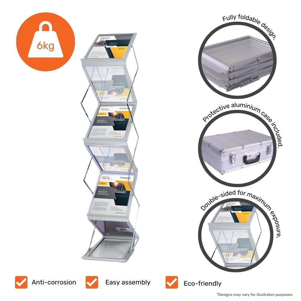 A portable A4 floor-standing aluminium zig-zag brochure stand with multiple transparent display shelves, holding marketing materials. The stand is lightweight, weighing 6kg, and features a fully foldable design for easy transport. Included in the image are close-ups of a protective aluminium carry case, the double-sided display for maximum exposure, and a rust-resistant frame. Additional icons highlight key benefits such as anti-corrosion, easy assembly, and eco-friendliness.





