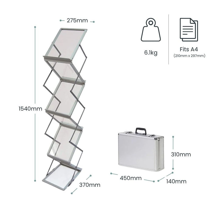 Portable A4 floor standing aluminium zig zag brochure stand with multiple tiers, compact foldable design, and protective carry case with dimensions shown. 