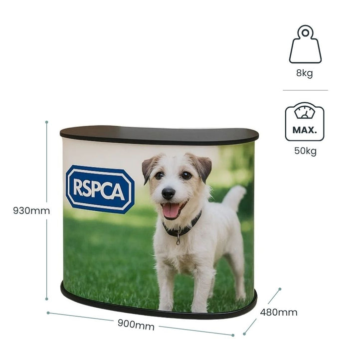 Annotated at 930mm high, 900mm wide and 480mm deep, weighing 8kg with a 50kg maximum load on the top.
