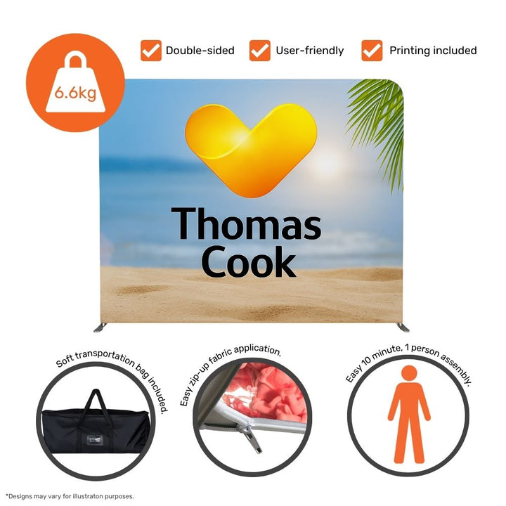 Professional tension fabric display – double-sided 2500mm backdrop for marketing, showrooms or event branding  