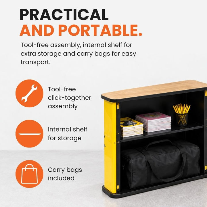 Rear view of the portable promotional counter revealing its internal storage shelf and carry bag, with tool-free click-together assembly highlighted.