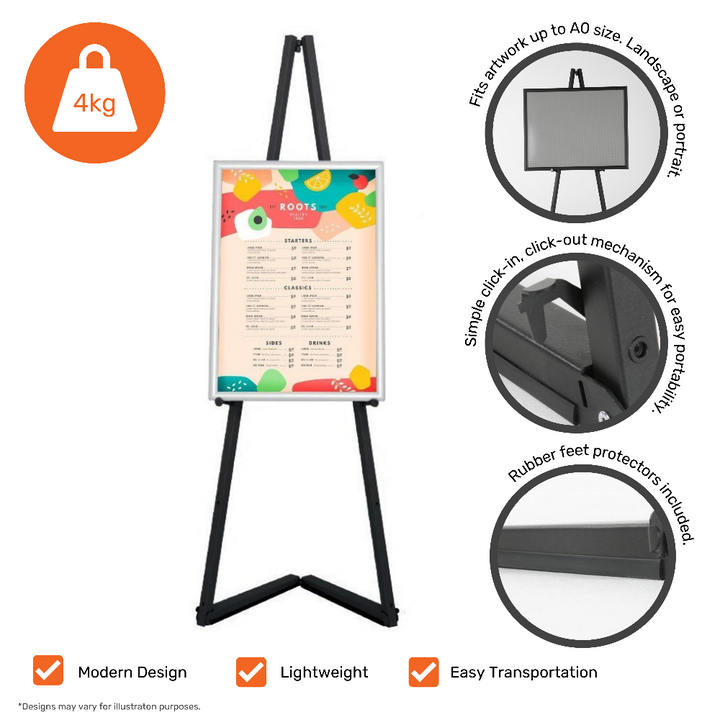 Versatile height-adjustable easel in black steel, perfect for displaying chalkboards and snap frames, 1500mm H x 536mm W.

