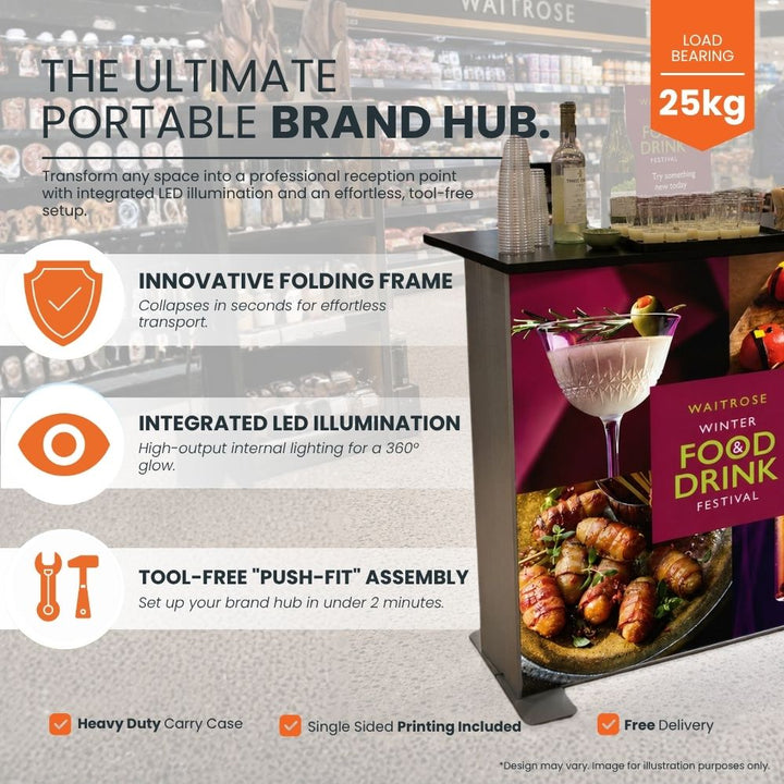 Portable promotional counter featuring integrated LED illumination, folding frame design and tool-free push-fit assembly for retail events and exhibitions.