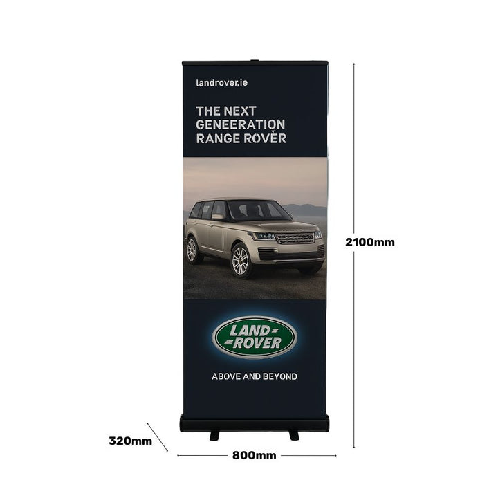 Dimensioned product image of a Land Rover pull-up banner showing 800mm width and 2100mm height, highlighting portability and promotional impact.