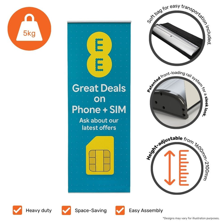 Portable roll-up banner with phone and SIM card offer, shown with carry case and front-loading rail system for easy setup.


