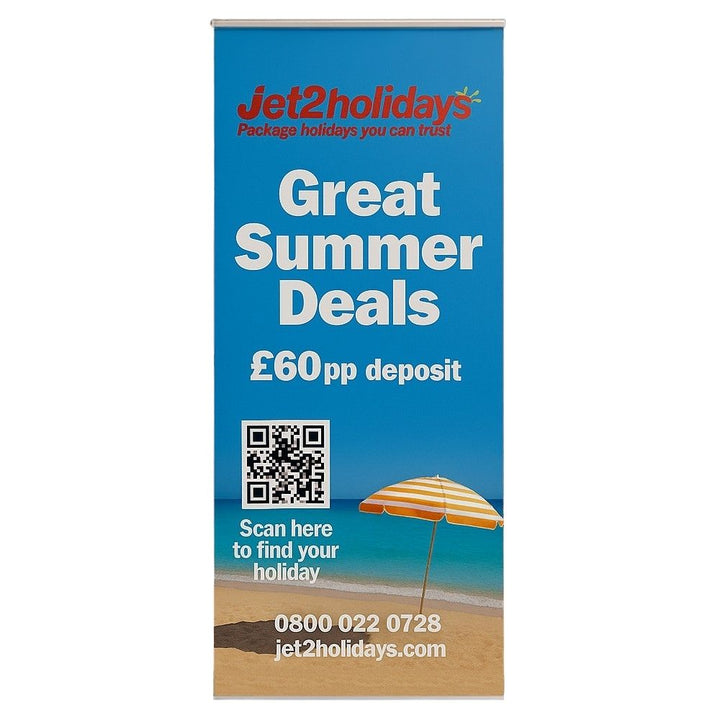 Portable roll-up banner printed with blue beach-themed background, promotional text, and QR code, suitable for exhibitions, lobbies, or retail.

