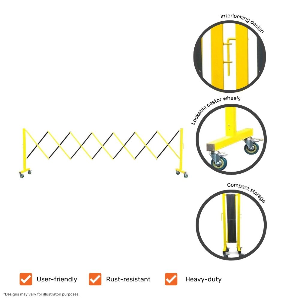 Yellow expandable safety barrier with labelled features including interlocking design, lockable castor wheels, and compact storage.