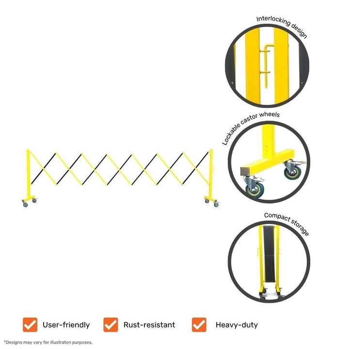 Yellow expandable safety barrier with labelled features including interlocking design, lockable castor wheels, and compact storage.