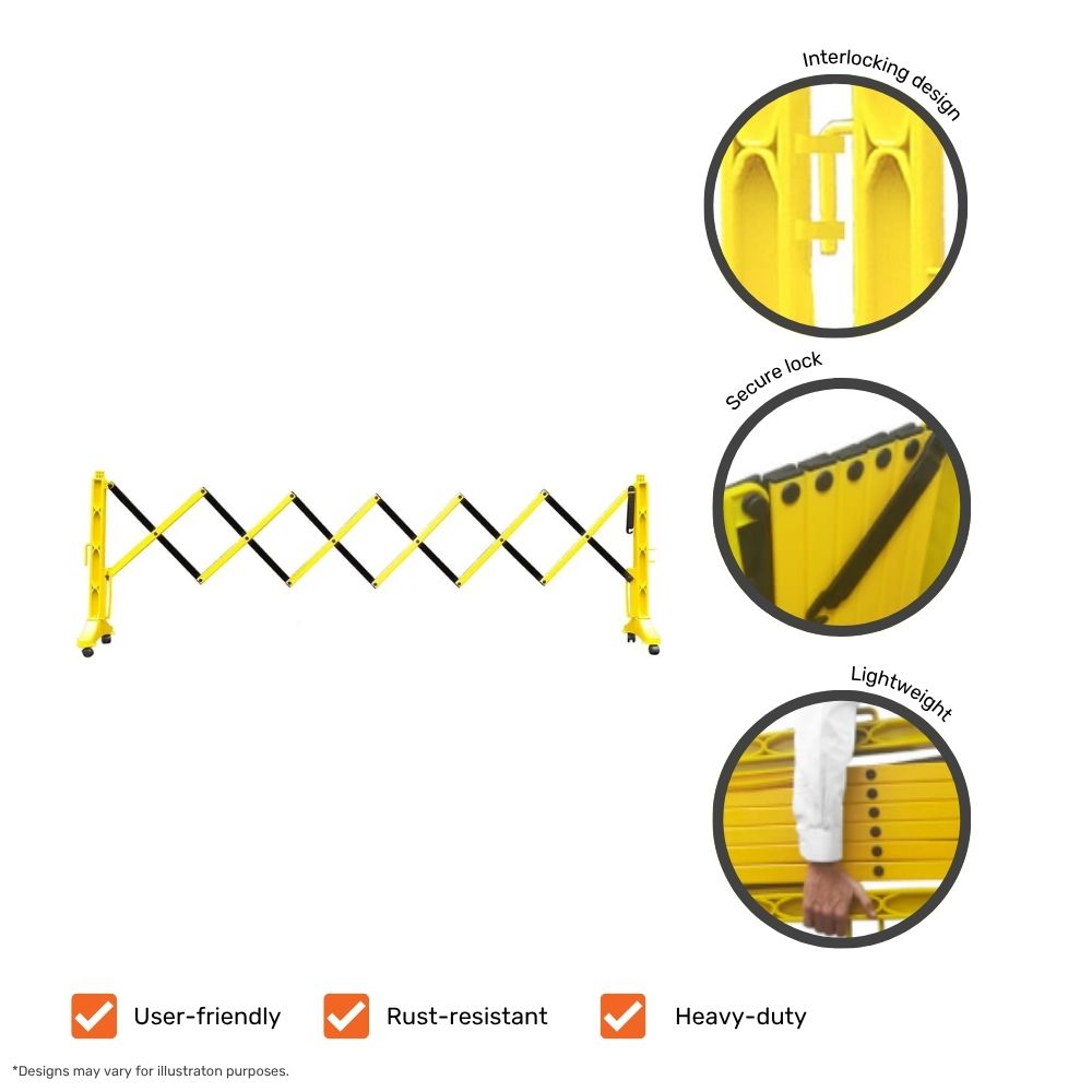 Yellow expandable barrier with interlocking design, secure lock, and lightweight build highlighted in labelled circles.