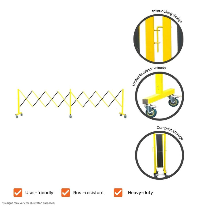 Yellow expandable barrier featuring interlocking design, lockable castor wheels, and compact storage illustrated with close-up images.