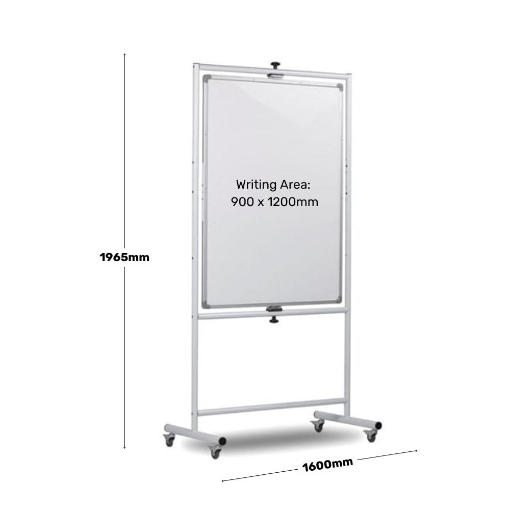 Portrait-format rotating mobile whiteboard on castor wheels with a writing surface of 900 x 1200mm, shown with total height of 1965mm and width of 1600mm on a white background.

