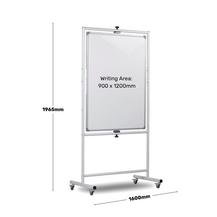 Portrait-format rotating mobile whiteboard on castor wheels with a writing surface of 900 x 1200mm, shown with total height of 1965mm and width of 1600mm on a white background.

