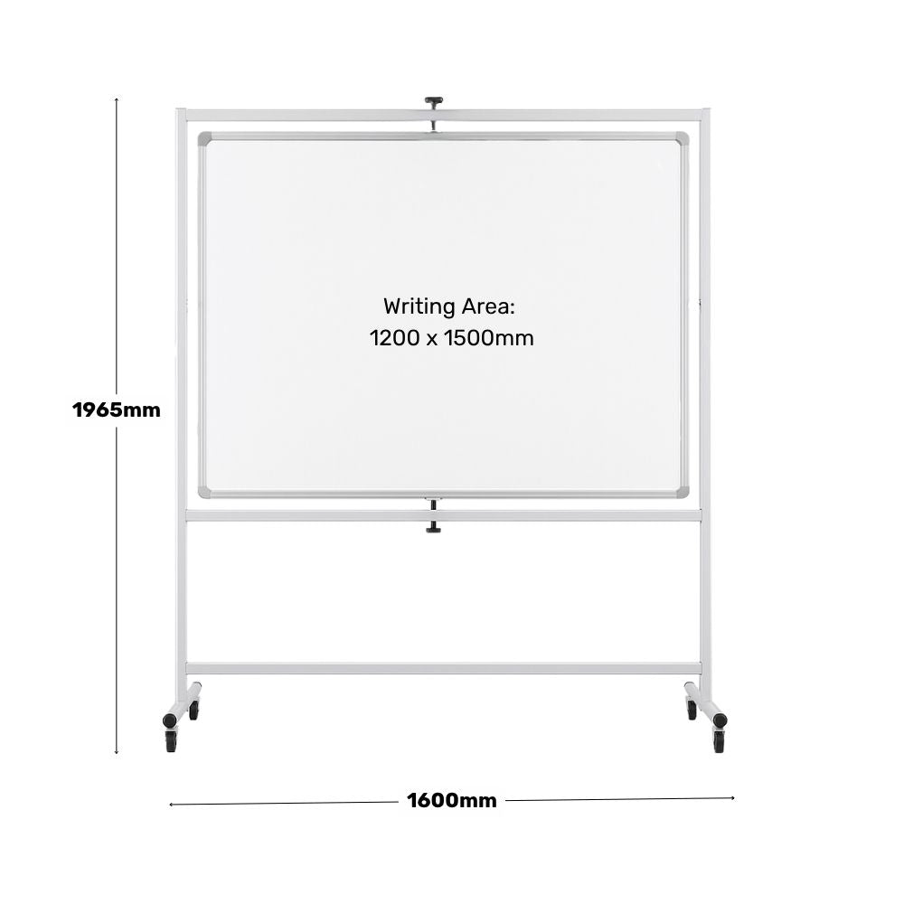 Technical image showing a 1500 x 1200mm whiteboard in portrait orientation on a mobile frame with dimensions of 1965mm high and 1600mm wide.

