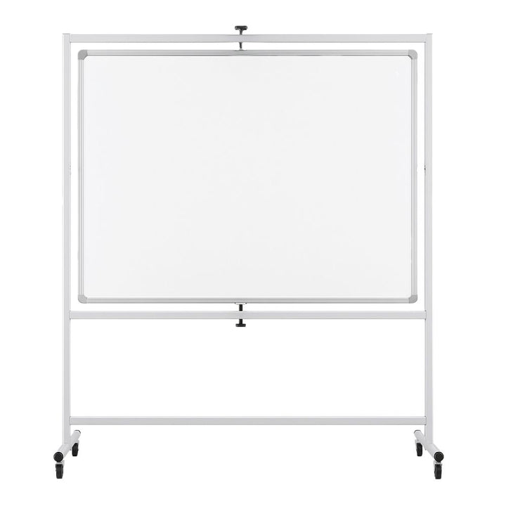 Portrait-format mobile whiteboard on lockable castor wheels, placed in a modern office environment with large windows and desks in the background.

