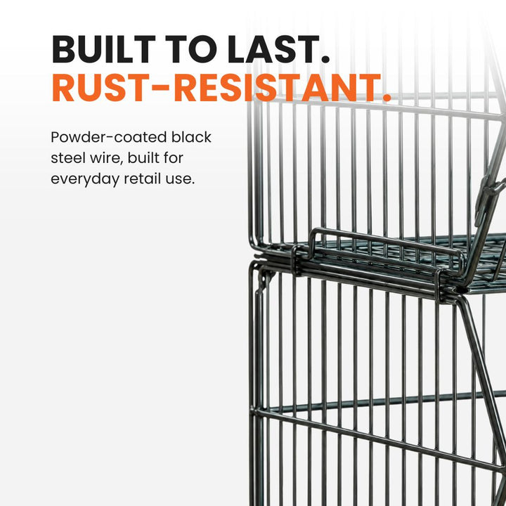 Powder-coated black steel wire display rack construction with reinforced basket frame and rust-resistant finish.