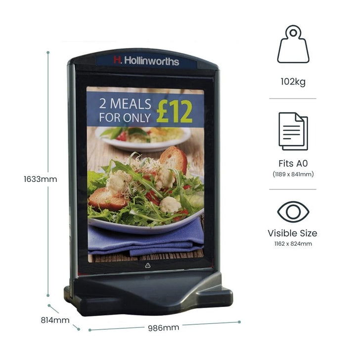 Premium A0 black heavy duty water base pavement sign with double sided display, durable frame, and dimensions with visible poster size shown. 