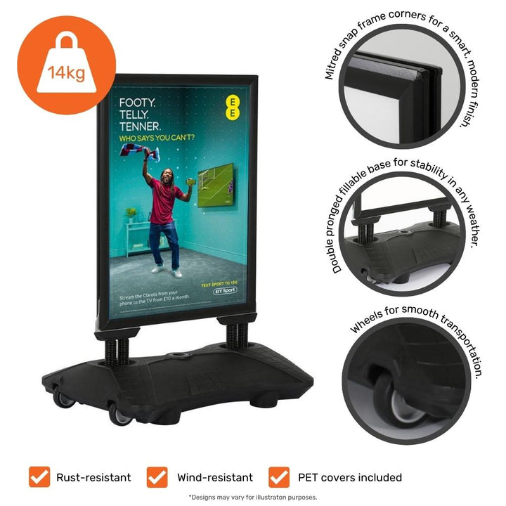 Heavy-duty A0 black poster stand – water-based pavement sign ideal for retail and commercial forecourts