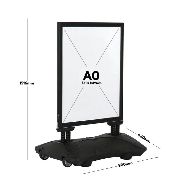 A0 black outdoor sign – heavy-duty water-filled pavement board for long-term display in high footfall areas