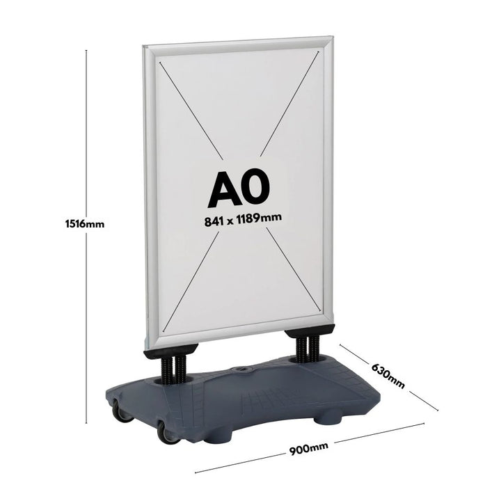 Heavy-duty A0 pavement sign in silver – double-sided display with wind-stable water base