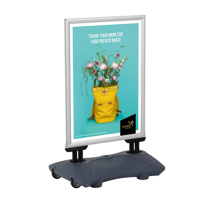 Premium A1 forecourt sign – silver double-sided poster display with durable water base for stability