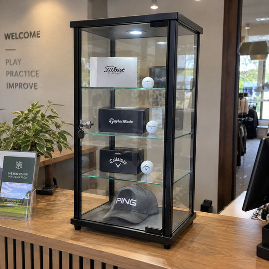 Premium Black Aluminium Lockable Display Cabinet Showcase With Glass Countertop, 3 Shelves and an LED Light
